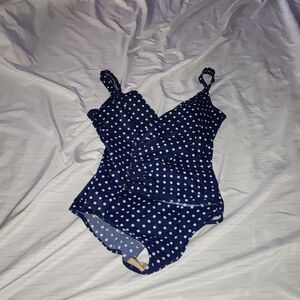 MAILLOT BATTE Size 14 Long Navy blue with white polka dots